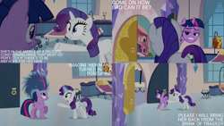 Size: 1280x720 | Tagged: safe, edit, edited screencap, editor:quoterific, screencap, rarity, twilight sparkle, pony, unicorn, g4, games ponies play, season 3, duo, female, magic, mare, messy mane, open mouth, telekinesis, text, unicorn twilight