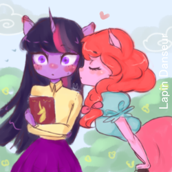 Size: 2024x2024 | Tagged: safe, artist:lapindanseur, pinkie pie, twilight sparkle, earth pony, unicorn, anthro, g4, blushing, book, duo, female, high res, lesbian, ship:twinkie, shipping