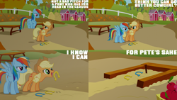 Size: 1280x720 | Tagged: safe, edit, edited screencap, editor:quoterific, screencap, applejack, rainbow dash, earth pony, pegasus, pony, fall weather friends, g4, season 1, applejack's hat, cowboy hat, duo, female, flying, hat, horseshoes, mare, open mouth, open smile, smiling, spread wings, text, wings