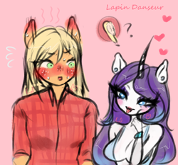 Size: 2388x2226 | Tagged: safe, artist:lapindanseur, applejack, rarity, earth pony, unicorn, anthro, g4, absolute cleavage, blushing, blushing profusely, breasts, busty rarity, cleavage, duo, ear blush, female, heart, high res, lesbian, pictogram, ship:rarijack, shipping, tongue out