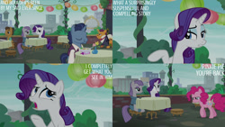 Size: 1280x720 | Tagged: safe, edit, edited screencap, editor:quoterific, screencap, direct tunes, maud pie, pinkie pie, port wine, rarity, waxton, earth pony, pony, unicorn, g4, season 6, the gift of the maud pie, eating, eyes closed, female, magic, male, mare, open mouth, open smile, smiling, stallion, telekinesis, text
