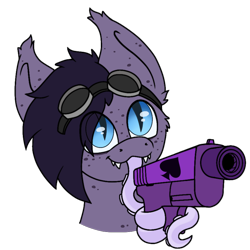 Size: 872x872 | Tagged: safe, artist:zackwhitefang, oc, oc only, oc:ravenpuff, bat pony, pony, bat pony oc, bust, delet this, digital art, eye clipping through hair, female, goggles on head, gun, handgun, portrait, prehensile tongue, simple background, slit pupils, smiling, solo, tongue out, transparent background