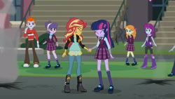 Size: 3410x1920 | Tagged: safe, screencap, heath burns, sci-twi, sunset shimmer, suri polomare, twilight sparkle, equestria girls, g4, my little pony equestria girls: friendship games, boots, canterlot high, clothes, eyes closed, female, high heel boots, high res, jacket, leather, leather jacket, male, open mouth, shoes