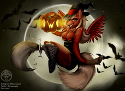Size: 1280x928 | Tagged: oc name needed, safe, artist:maàra djayt, oc, oc only, pegasus, anthro, anthro oc, boots, breasts, broom, clothes, commission, digital art, female, fishnet stockings, flying, flying broomstick, glasses, grin, halloween, hat, holiday, jack-o-lantern, looking at you, moon, night, owo, pegasus oc, pumpkin, shoes, sitting, smiling, smiling at you, solo, spread wings, stockings, tail, thigh highs, thighs, wings, witch costume, witch hat, ych result