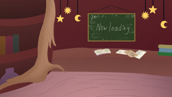 Size: 4096x2304 | Tagged: safe, artist:candy meow, legends of equestria, g4, book, bookshelf, chalkboard, desk, golden oaks library, library, library basement, loading screen, no pony, paper, ponydale, ponydale library, shelf