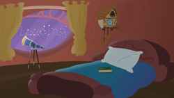 Size: 4096x2304 | Tagged: safe, artist:candy meow, legends of equestria, g4, bed, book, clock, constellation, curtains, golden oaks library, library, loading screen, night, no pony, pillow, ponydale, ponydale library, telescope, window