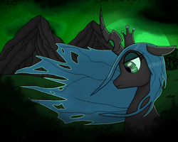 Size: 1500x1200 | Tagged: safe, artist:kpapwiss, queen chrysalis, changeling, changeling queen, g4, bust, cloud, female, frown, lidded eyes, mare, moon, mountain, night, sad, solo, wind, windswept mane