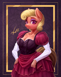 Size: 2480x3100 | Tagged: safe, artist:vandyart, oc, oc only, earth pony, anthro, g5, my little pony: a new generation, anthro oc, clothes, dress, ear piercing, earring, eyeshadow, female, high res, jewelry, makeup, piercing, princess, solo