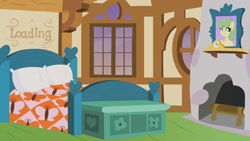 Size: 4096x2304 | Tagged: safe, artist:candy meow, legends of equestria, g4, bed, blanket, bust, clock, cottage, fireplace, fluttershy's bedroom, fluttershy's cottage, loading screen, log, no pony, pillow, portrait, window