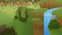 Size: 4096x2304 | Tagged: safe, artist:candy meow, legends of equestria, bramble woods, bush, hill, loading screen, log, no pony, rock, tree, tree branch, waterfall