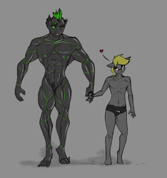Size: 3851x4118 | Tagged: safe, artist:queen-razlad, oc, oc only, oc:trestle, oc:villainshima, changeling, anthro, digitigrade anthro, unguligrade anthro, floating heart, glasses, green changeling, heart, holding hands, male, meme, muscles, muscular male, simple background, size difference, strong