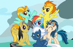 Size: 1394x900 | Tagged: dead source, safe, artist:a.k.yearling, daring do, indigo zap, lightning dust, night glider, rainbow dash, spitfire, pegasus, pony, g4, alternate mane six, equestria girls ponified, female, looking at you, mane six opening poses, mare, one eye closed, pegasus indigo zap, pegasus six, ponified, rainbow dash's counterparts, sitting, smiling, wink