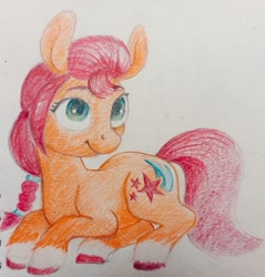 Size: 573x600 | Tagged: safe, artist:ponsce, sunny starscout, earth pony, pony, g5, lying down, prone, solo, traditional art