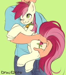 Size: 1600x1800 | Tagged: safe, artist:draco zero, roseluck, earth pony, human, pony, g4, behaving like a cat, bell, bell collar, blushing, butt touch, collar, commission, commissioner:doom9454, cute, female, hand on butt, holding a pony, mare, one eye closed, pony pet, rosabetes, rosepet, simple background, smiling, unshorn fetlocks