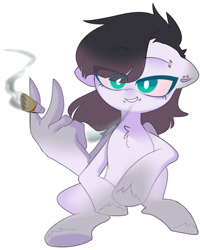 Size: 737x912 | Tagged: safe, artist:inkp0ne, oc, oc only, oc:sugar leaves, pegasus, pony, chest fluff, drugs, ear piercing, eyebrow piercing, joint, lip piercing, marijuana, pegasus oc, piercing, red sclera, simple background, sitting, smoking, snake bites, solo, white background, white pupils, wing hands, wings
