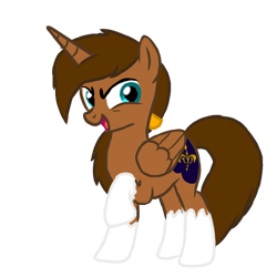 Size: 600x600 | Tagged: safe, artist:holdenwolfart, oc, oc only, oc:royale royce, alicorn, pony, alicorn oc, brown mane, brown tail, coat markings, folded wings, full body, hooves, horn, male, open mouth, open smile, raised hoof, show accurate, simple background, smiling, socks (coat markings), solo, stallion, standing, tail, transparent background, wings