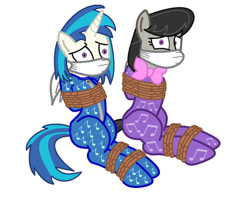 Size: 1000x799 | Tagged: safe, artist:brightstar40k, artist:radiantrealm, dj pon-3, octavia melody, vinyl scratch, earth pony, pony, unicorn, g4, bondage, bound and gagged, bowtie, cloth gag, clothes, footed sleeper, footie pajamas, gag, help, help us, missing accessory, no glasses, onesie, over the nose gag, pajamas, rope, rope bondage, scared, simple background, tied up, white background, worried