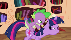 Size: 1920x1080 | Tagged: safe, screencap, spike, twilight sparkle, dragon, pony, unicorn, season 2, the cutie pox, book, dragons riding ponies, duo, female, golden oaks library, lidded eyes, looking at each other, looking at someone, male, mare, out of context, riding, smiling, spike riding twilight, unicorn twilight