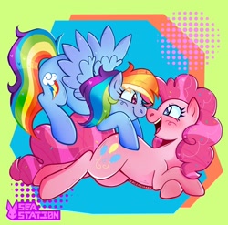 Size: 1440x1425 | Tagged: safe, artist:seasemissary, pinkie pie, rainbow dash, earth pony, pegasus, pony, duo, female, lesbian, lying down, pinkiedash, prone, shipping, smiling