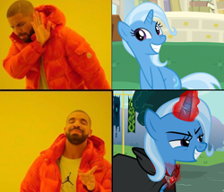Size: 868x746 | Tagged: safe, artist:thegreatguy2000, edit, screencap, trixie, human, pony, unicorn, a horse shoe-in, g4, magic duel, alicorn amulet, aura, drake, evil trixie, glowing, glowing horn, horn, hotline bling, irl, irl human, magic, meme, photo, solo