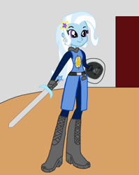 Size: 1079x1355 | Tagged: safe, artist:agenthotman, trixie, equestria girls, g4, clothes, female, solo, sword, weapon