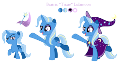 Size: 1280x658 | Tagged: safe, artist:penultimate-wishes, trixie, pony, g4, cape, clothes, female, filly, foal, hat, looking at you, open mouth, pose, raised eyebrow, raised hoof, raised leg, redesign, simple background, smiling, smirk, solo, text, transparent background, trixie's cape, trixie's hat, younger