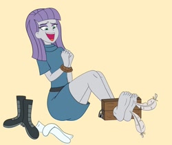 Size: 2146x1807 | Tagged: safe, artist:crock2121, maud pie, equestria girls, g4, ass, barefoot, boots, butt, clothes, cute, dress, feather, feet, fetish, foot fetish, foot focus, laughing, maudabetes, out of character, rope, shoes, smiling, socks, stocks, tickle fetish, tickle torture, tickling, when she smiles