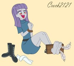 Size: 1280x1141 | Tagged: safe, artist:crock2121, edit, maud pie, equestria girls, g4, barefoot, blushing, boots, clothes, cute, dress, feather, feet, fetish, foot fetish, laughing, maudabetes, out of character, rope, shoes, smiling, socks, stocks, text, tickle fetish, tickle torture, tickling, when she smiles
