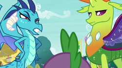 Size: 1280x720 | Tagged: safe, screencap, princess ember, spike, thorax, changedling, changeling, dragon, g4, season 7, triple threat, displeased, dragoness, ember is not amused, female, frown, hand on hip, hand on waist, king thorax, male, teeth, thorax is not amused, trio, unamused