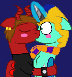 Size: 581x619 | Tagged: safe, demon, demon pony, blushing, eyes closed, gay, kissing, simple background