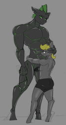 Size: 1557x2927 | Tagged: safe, artist:queen-razlad, oc, oc only, oc:trestle, oc:villainshima, changeling, anthro, digitigrade anthro, unguligrade anthro, eyes closed, glasses, green changeling, heart, hug, male, muscles, muscular male, simple background, size difference, strong