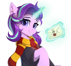 Size: 2160x2013 | Tagged: safe, artist:strafe blitz, starlight glimmer, pony, unicorn, collaboration:choose your starlight, clothes, collaboration, cute, ear fluff, eye clipping through hair, female, glimmerbetes, glowing, glowing horn, grin, gryffindor, harry potter (series), high res, hogwarts, hogwarts letter, horn, letter, levitation, looking at you, magic, mantle, mare, raised hoof, scarf, simple background, smiling, smiling at you, solo, striped scarf, telekinesis, white background