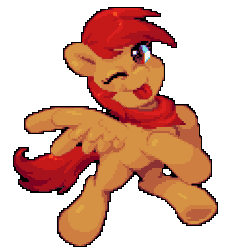 Size: 640x640 | Tagged: safe, artist:hikkage, oc, oc:epiclper, pegasus, pony, animated, black outlines, flying, gif, looking at you, one eye closed, pegasus oc, pixel art, pixelated, simple background, tongue out, transparent background, wings, wink, winking at you