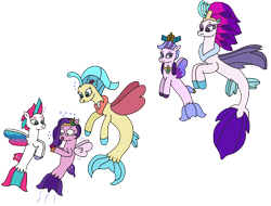 Size: 2896x2202 | Tagged: safe, artist:supahdonarudo, pipp petals, princess skystar, queen haven, queen novo, zipp storm, seapony (g4), g4, g5, my little pony: the movie, bubble, cellphone, high res, looking at each other, looking at someone, panicking, phone, seaponified, seapony haven, seapony pipp petals, seapony zipp storm, simple background, species swap, this will end in tears, transparent background, underwater