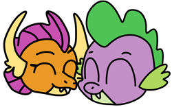 Size: 1600x1000 | Tagged: safe, artist:jadeharmony, smolder, spike, dragon, g4, blushing, boop, bust, collaboration, colored, cute, duo, ear fluff, eyes closed, female, grin, happy, head, horn, male, noseboop, nuzzling, scar, ship:spolder, shipping, simple background, smiling, smolderbetes, spikabetes, straight, transparent background