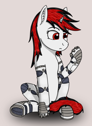 Size: 1412x1936 | Tagged: safe, artist:enteryourponyname, oc, oc only, oc:blackjack, cyborg, pony, unicorn, fallout equestria, fallout equestria: project horizons, amputee, augmented, confused, cyber eyes, cybernetic legs, ear fluff, female, horn, mare, red eyes, simple background, sitting, small horn, solo, unicorn oc