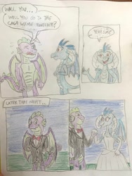Size: 3024x4032 | Tagged: safe, artist:13mcjunkinm, princess ember, spike, dragon, g4, the last problem, 4 panel comic, clothes, comic, cute, dragoness, dress, emberbetes, female, gala dress, gigachad spike, grand galloping gala, male, nervous, older, older spike, ship:emberspike, shipping, smiling, spikabetes, straight, traditional art, tuxedo, winged spike, wings