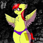 Size: 2048x2048 | Tagged: safe, artist:jay_wackal, oc, oc only, oc:marmalade, pegasus, pony, belly button, bipedal, black and red mane, clothes, cute, ear piercing, earring, feathered wings, female, fluffy, goth, jewelry, mare, panties, pegasus wings, piercing, purple panties, solo, spread wings, thighs, underwear, wings