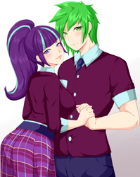 Size: 1748x2200 | Tagged: safe, artist:haarmades, spike, starlight glimmer, human, g4, clothes, crystal prep academy uniform, duo, female, humanized, male, necktie, older, older spike, pants, school uniform, ship:sparlight, shipping, simple background, skirt, straight, white background