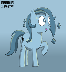 Size: 1269x1365 | Tagged: safe, artist:gradiusfanatic, oc, oc only, oc:holopon, pony, robot, robot pony, female, full body, gradient background, hooves, mare, open mouth, open smile, raised hoof, shading, signature, smiling, solo, standing, tail
