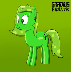 Size: 1273x1297 | Tagged: safe, artist:gradiusfanatic, oc, oc only, oc:pixel, pony, robot, robot pony, ear piercing, female, full body, gradient background, hooves, mare, no pupils, piercing, signature, smiling, solo, standing, tail