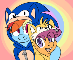 Size: 540x447 | Tagged: safe, artist:ask-scootaku, artist:askweabishscootaloo, rainbow dash, scootaloo, pegasus, pony, tumblr:ask weabish scootaloo, 2017, clothes, cosplay, costume, cute, cutealoo, dashabetes, duo, duo female, eye clipping through hair, female, filly, foal, hair over one eye, hoodie, hoof around neck, looking at you, mare, miles "tails" prower, open mouth, open smile, rainbow background, scootalove, smiling, smiling at you, sonic the hedgehog, sonic the hedgehog (series), tumblr, zipper