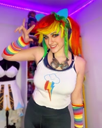 Size: 2160x2700 | Tagged: safe, rainbow dash, human, g4, bare shoulders, clothes, cosplay, costume, cutie mark on clothes, goggles, high res, irl, irl human, multicolored hair, photo, rainbow hair, sleeveless, solo