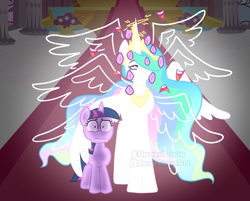 Size: 2277x1830 | Tagged: safe, artist:queertrixie, princess celestia, twilight sparkle, alicorn, pony, seraph, unicorn, g4, be not afraid, biblically accurate angels, duo, duo female, female, filly, foal, glowing, horror, mare, multiple eyes, multiple wings, unicorn twilight
