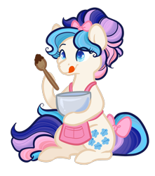 Size: 1810x2048 | Tagged: safe, artist:howdyhorsey, gingerbread, earth pony, pony, twinkle eyed pony, g1, g4, apron, baking, blue eyes, bow, bowl, clothes, g1 to g4, generation leap, hair bow, hair bun, licking, licking lips, mixing bowl, multicolored mane, pink bow, simple background, sitting, solo, sparkly eyes, spoon, stylized, tail, tail bow, tongue out, transparent background, white coat, wingding eyes