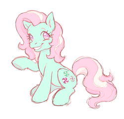 Size: 995x954 | Tagged: safe, artist:fluttershyes, minty, earth pony, pony, g3, cute, eyelashes, female, green coat, mare, mintabetes, pastel, pink eyes, pink hair, raised hoof, simple background, sitting, solo, white background
