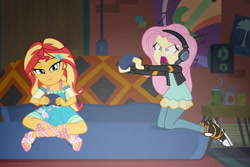 Size: 1024x684 | Tagged: safe, artist:emeraldblast63, fluttershy, sunset shimmer, equestria girls, g4, game stream, my little pony equestria girls: better together, angry, clothes, clothes swap, controller, converse, couch, dress, feet, flutterrage, game stream outfit, gamershy, headset, lace sandals, lidded eyes, looking at something, role reversal, sandals, shoes, smugset shimmer, speaker