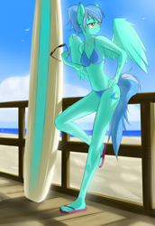 Size: 2750x4000 | Tagged: safe, artist:rolo, oc, oc only, oc:marina, bird, pegasus, anthro, plantigrade anthro, 2012, beach, belly button, bikini, bikini bottom, bikini top, breasts, cleavage, clothes, female, flip-flops, hand on hip, jewelry, leaning, lidded eyes, necklace, ocean, sand, spread wings, sunglasses, surfboard, swimsuit, water, wings