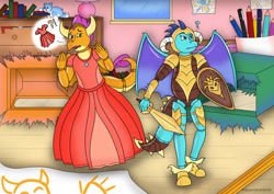 Size: 1024x724 | Tagged: safe, artist:sparkbolt3020, princess ember, smolder, dragon, g4, armor, bedroom, clothes, commission, dress, embarrassed, exclamation point, interrobang, knight, post-transformation, princess smolder, question mark, sword, toy, transformation, weapon