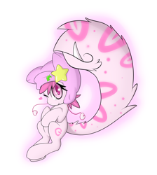 Size: 2318x2587 | Tagged: safe, artist:rolo, oc, oc only, oc:mochi, monster pony, original species, big tail, female, floating heart, heart, high res, looking at you, mare, one eye closed, simple background, smiling, solo, tail, tailmouth, tailmouth pony, white background, wink, winking at you